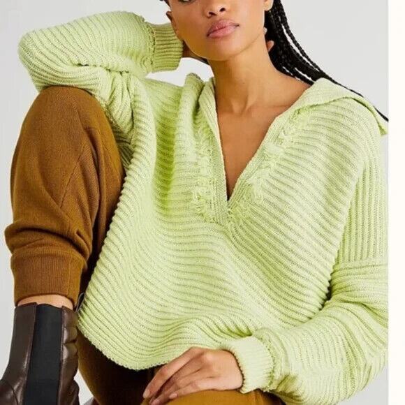 Free People Sweaters - Free People Marlie Slouchy Oversized Sweater Ribbed V-Neck Lime Green Size Large
